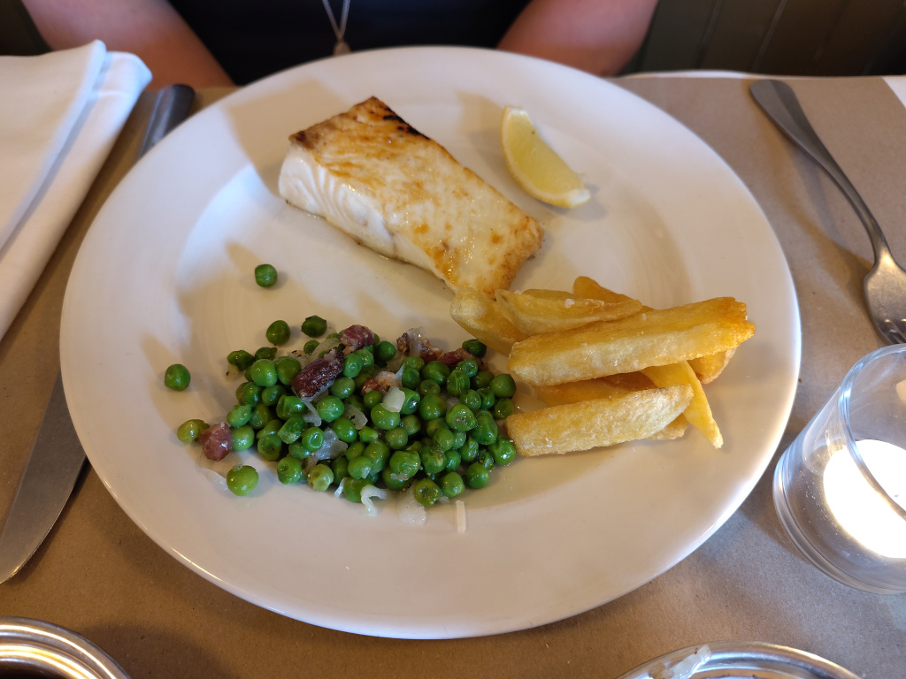 Halibut Fillet, with Duck Fat Crisps and Bacon Peas