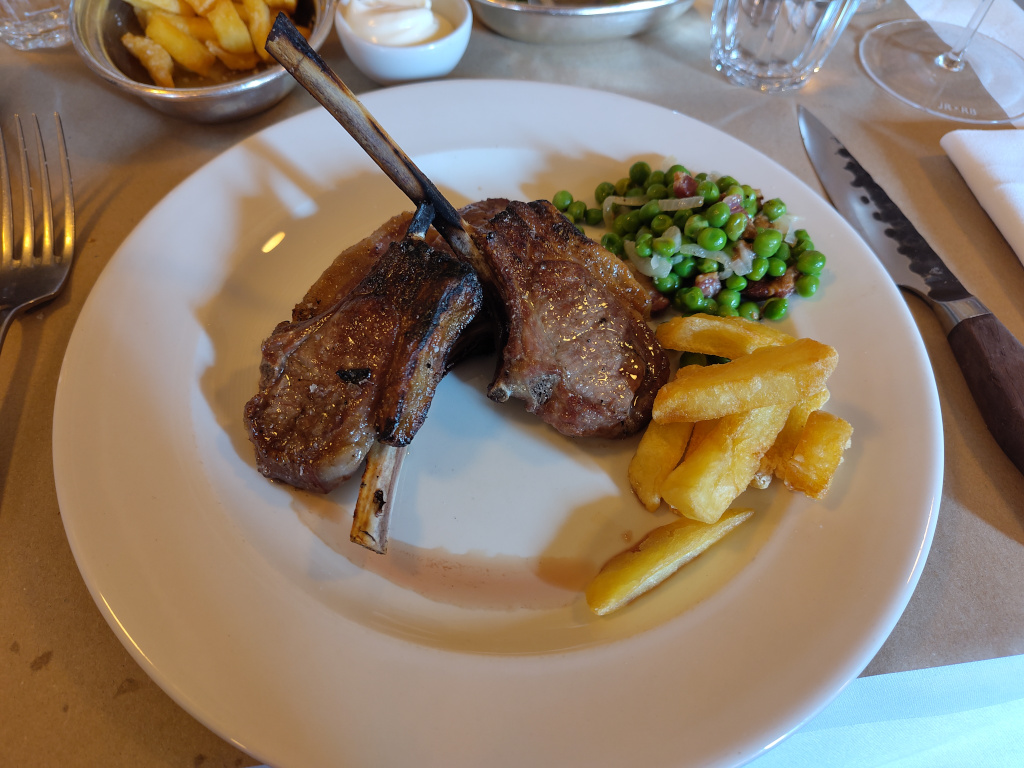 Lamb Cutlets, with Duck Fat Crisps and Bacon Peas