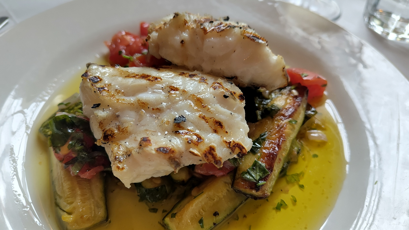 Monkfish on a Bed of Courgette and Tomatoes
